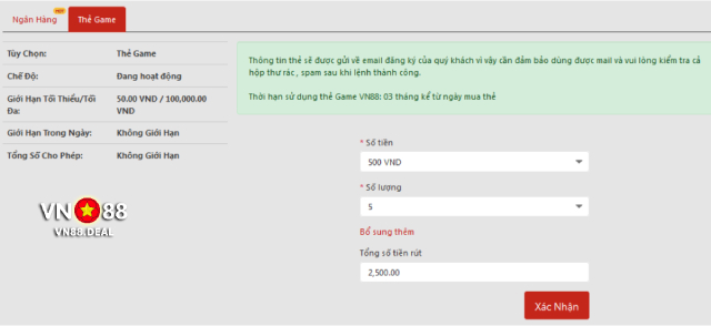 Hướng dẫn thao tác rút tiền VN88 bằng thẻ game